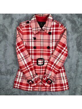 E-Land Pea Coat Women's 2 Red Cotton Plaid Double-Breasted Belted Preppy Lined